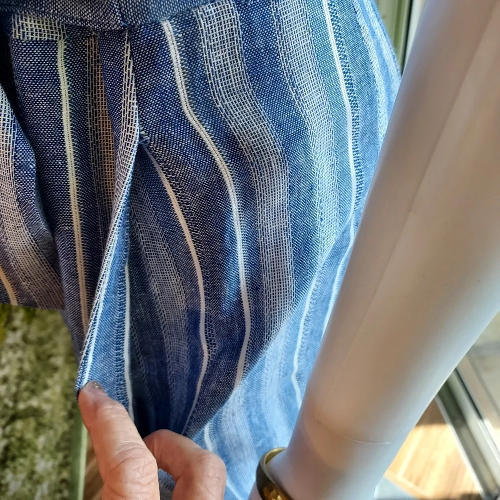 Calvin Klein Striped Linen & Rayon Jumpsuit in a Denim Blue & White. - Picture 4 of 16